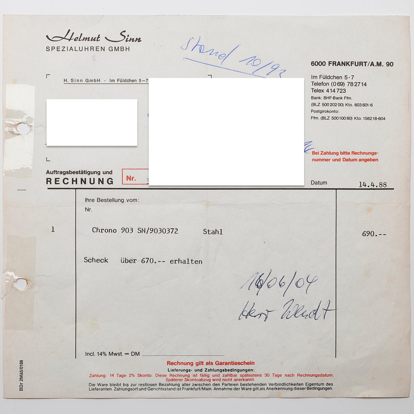 Sinn Ref. 903 - "Very good" condition - First owner - First purchasing invoice