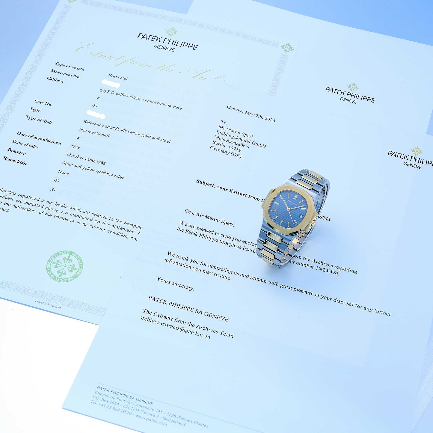 Patek Philippe Nautilus Ref. 3800/1 - "Very good" condition - Extract from the archives